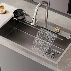 Nano 304 Double Bowl Stainless Steel Handmade Above Mount Waterfall Faucet Farmhouse Kitchen Sinks