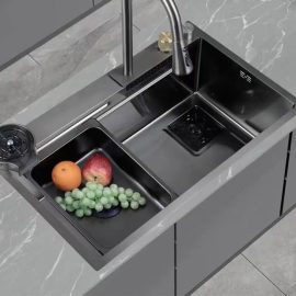 black single 304 farmhouse above handmade stainless steel waterfall faucet kitchen sink with cup washing