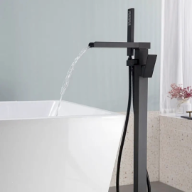 Freestanding Bathtub Faucet Waterfall Tub Filler Brushed Black Floor Mount Brass Single Handle Bathroom Faucets with Hand Shower