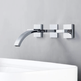 Chrome Brass Siamese Double Hole Wall Embed Mounted Hot Cold Mixed Waterfall Bathtub Filling Bathroom Faucet