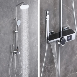 Chrome bathroom high pressure shower mixer system digital temperature display shower faucet set with toilet bidet sprayer